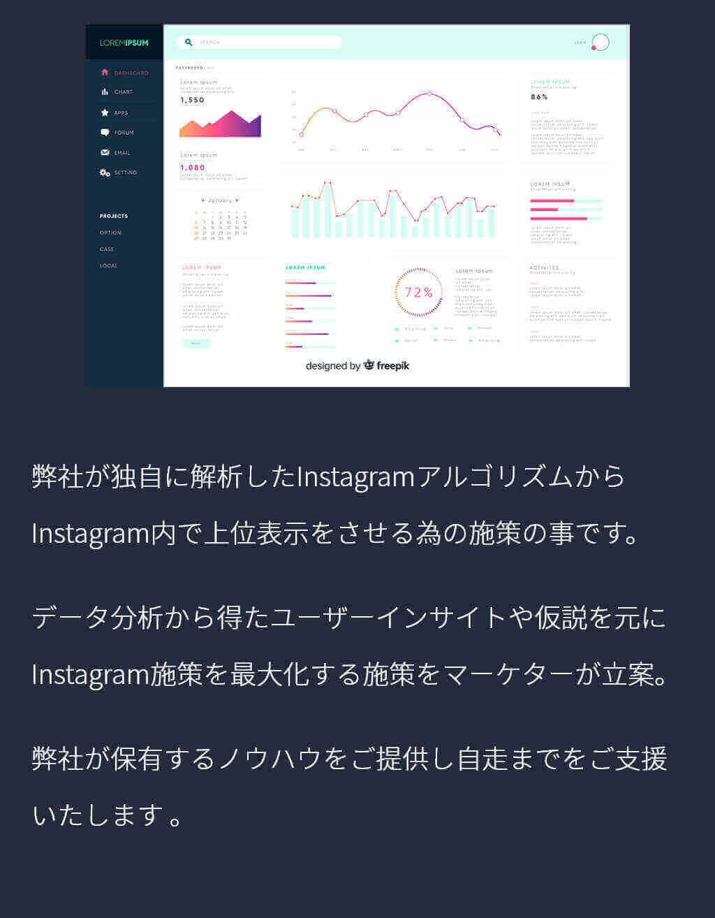 Instagramアルゴリズムから
                    Instagram内で上位表示をさせる為の施策の事です。
                    データ分析から得たユーザーインサイトや仮説を元に
                    Instagram施策を最大化する施策をマーケターが立案。
                    弊社が保有するノウハウをご提供し自走までをご支援いたします 。